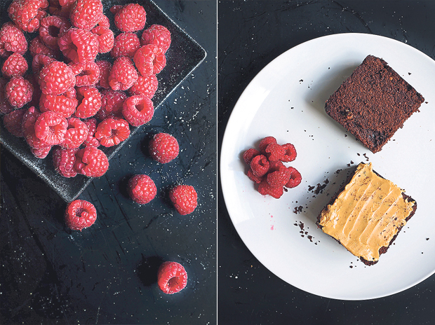 Melted chocolate is deliciously lava-like (left). A thinly spread layer of natural peanut butter isn’t too sinful (right)