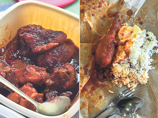 Fiery ayam masak merah (left). Nasi lemak bungkus, after unwrapping (right)