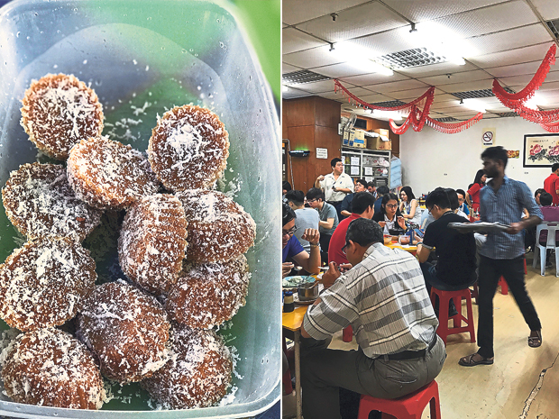 Steamed kuih lompang sprinkled with slightly salty grated fresh coconut (left). The bustling lunch crowd at Restoran Sweet Home (right)