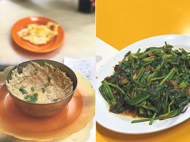 Steamed salted fish pork paste (left). Kangkung belacan (right)