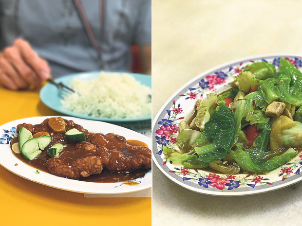 Mushroom gravy pork chop rice (left). Choy tam (Brussel sprouts’ leaves) with diced chicken (right)