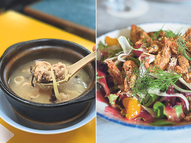 Yellow wine chicken (wong zao gai) (left). Crispy Baby Prawn Salad — with orange fennel dressed in raspberry sauce (right)