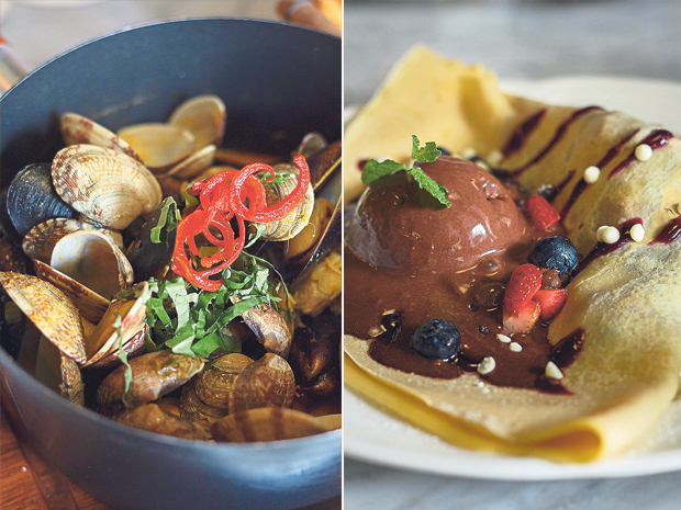 Mussels and Clams Pot, served with garlic brioche or country fries (left). Honey Sweet Foie Gras crêpe (right)