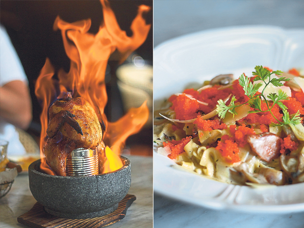 The Bean-Can Roasted Free-Range Baby Chicken is as much a performance as it is a dish (left). Carbonara Fettuccine with smoked duck and a tobiko (flying fish roe) “caviar” cream sauce (right)