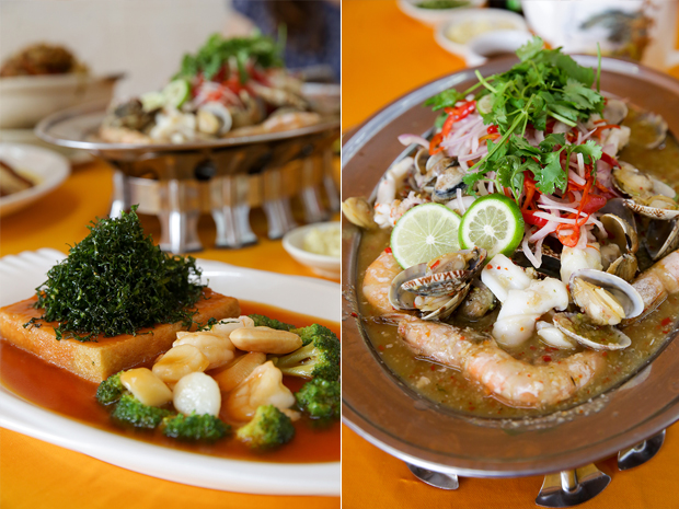 Enjoy the smooth homemade bean curd topped with crispy shredded kailan and seafood (left). Their Thai-style sour steamed seafood is appetising and incredibly addictive (right)