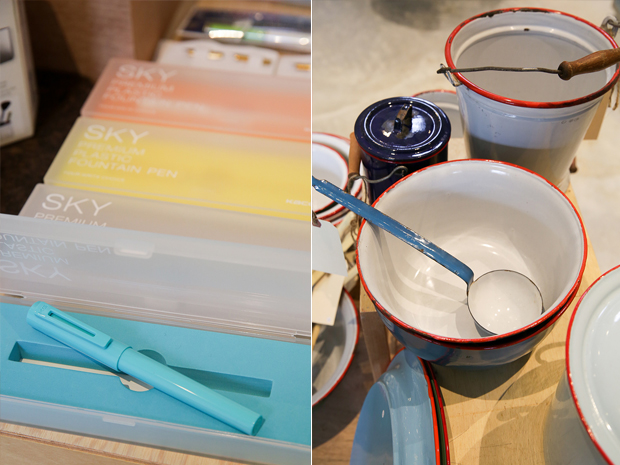 Brighten up your office with these colourful fountain pens (left). Enamel never goes out of style and would look fabulous in your kitchen (right)