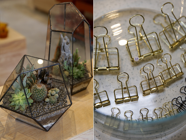 Enhance your personal space with terrariums from Ficus & Jars (left). Your documents just got more luxurious with these gold clips (right)