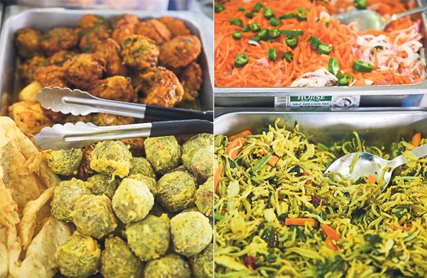 Indian snacks are placed in trays that can be easily picked (left). There will be about 25 vegetarian dishes to select from the various trays (right)