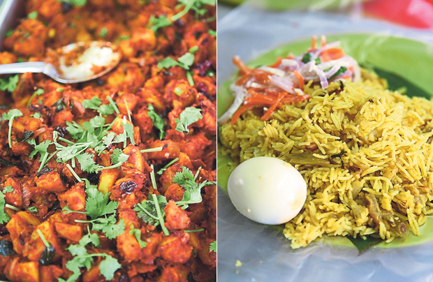 Every thing looks appealing that it’s hard to choose (left). On Tuesday and Friday, you can enjoy the flavourful vegetarian biryani served with kurma curry (right)