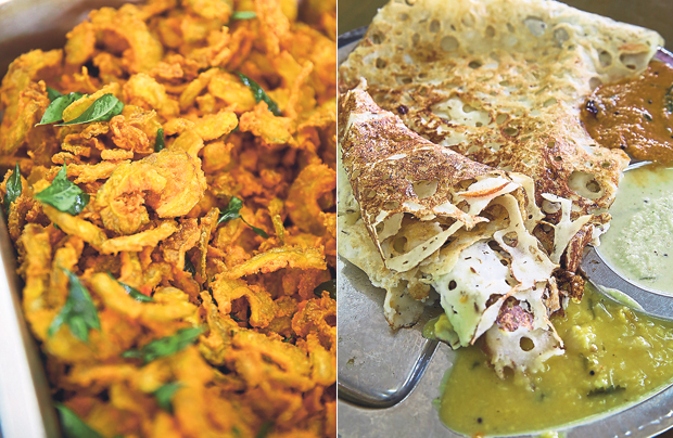 We bet you can’t stop eating this absolutely addictive fried bitter gourd straight from the oven (left). If you prefer a light meal, try the rava thosai for lunch with dhal (right)