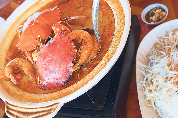 The Dragon Tiger Seafood Pot with prawns, crabs and squids cooked in a mild rich curry and served in a claypot with vermicelli