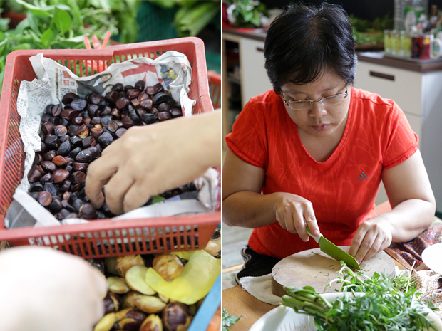 Bite into the crunchy kerdas that tastes similar to petai or stink bean (left). Michelle Tan who has a Peranakan background is an expert in cutting herbs (right)