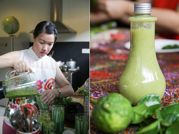 Mandy makes the refreshing jamu green smoothie that uses ulam raja (left). The Natural Remedies Kaffir Lime Creme has multiple uses as a body creme and shampoo (right)