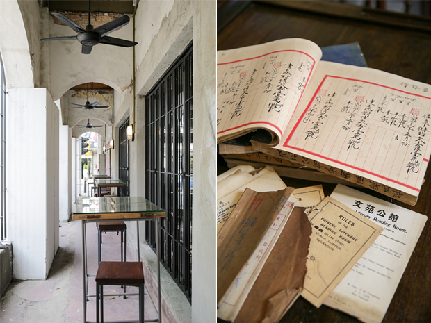After: The verandah is now cleaned up, with fans and tables for alfresco dining (left). Old books and pamphlets found in the ceiling during renovation (right)