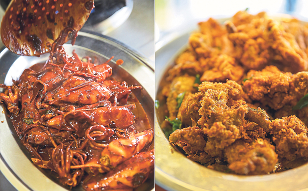 The dishes like this sotong with sambal is cooked as and when the items finish on the counter (left). A new addition to the menu is telur ikan or fried fish roe (right)
