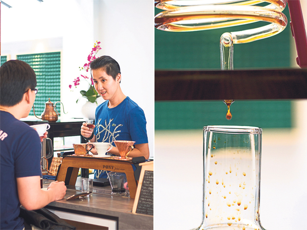 Nicholas Tay of The HUB is a Thai-trained barista and a certified Specialty Coffee Association of Europe Authorised Trainer (AST) (left). How ice-drip coffee is slowly collected (right) 