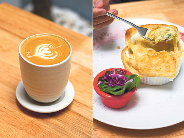A creamy caffè latte at The HUB (left). Chicken-and-mushroom pie — a brunch favourite at The HUB (right)
