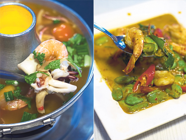 BBQ Thai’s seafood tom yum (left). A traditional dish at BBQ Thai: petai (stink beans) stir-fried with shrimp (right)