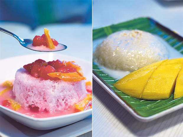 Cool down with tub tim grob, an icy treat with ruby-red water chestnuts, jackfruit and santan (coconut milk) (left). Fresh mango with sticky rice (right)