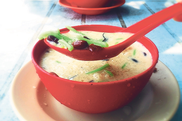 Cendol with finely shaved ice, aromatic santan and gula Melaka syrup