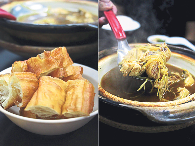 Some yau char kwai (deep-fried crullers) to dip in bak kut teh soup (left). A claypot of yellow wine chicken (right)