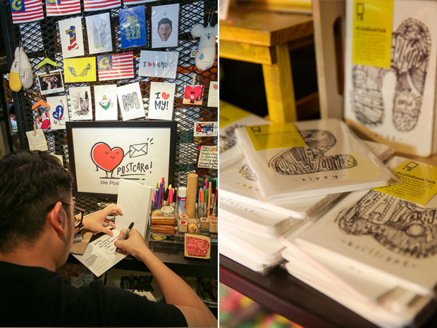 Postcare has a variety of pens and stamps for you to write your message on the postcard (left). There’s a range of notebooks which features hand drawn covers by Will Sii (right)