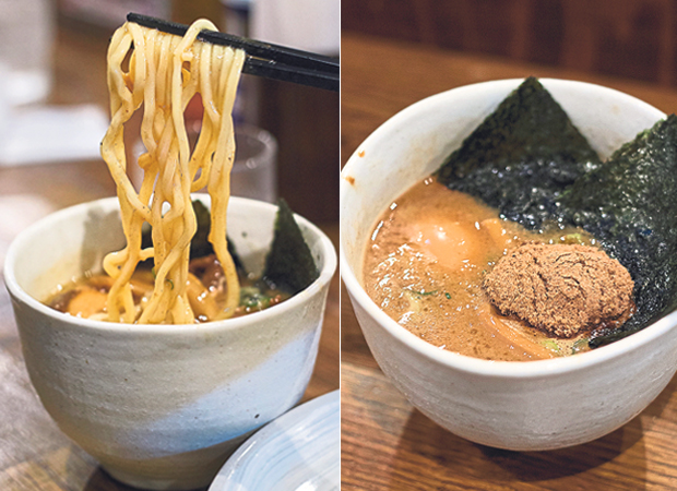 Every strand of noodle is coated the rich and aromatic dipping broth (left). Fuunji’s tsukemen dipping broth has bits of pork, nori (dried seaweed) and a generous spoonful of bonito powder (right)