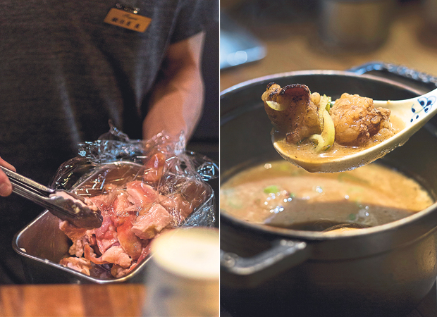 Preparing motsu (beef innards) for the tsukemen dipping broth (left). These are high-grade innards as Japanese wagyu beef is used for Sugari’s motsu (right)