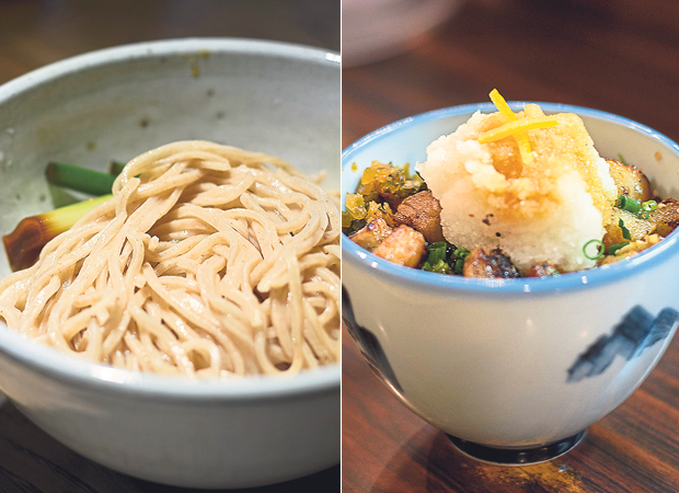 Sugari’s home-made noodles are firm and chewy (left). A rice bowl at Afuri topped with cubes of chashu, yuzu peel and grated daikon (right)