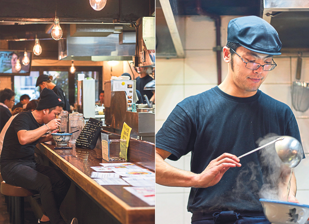 Afuri has attracted the loyal following of hipsters and young women (left). The cook adds broth to a bowl carefully at Afuri (right)