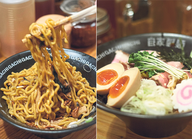 Mix it all up together before eating (left). The signature iberikoyu-soba at GACHI Aburasoba (right)