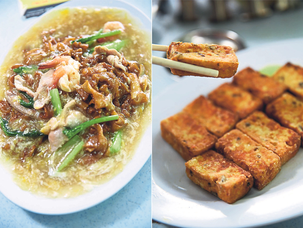 A must-order at Foon Xiang is their Cantonese fried noodles with its smoky taste and creamy egg sauce (left). The signature fried beancurd at Foon Xiang is made with egg, beancurd, wood ear fungus, minced pork and carrots (right)