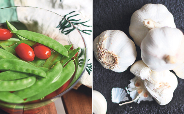 Vibrant red and green of the cherry tomatoes and French beans (left). More than simply aromatics, garlic is full of antioxidants (right)