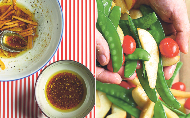 The “all-purpose” marinade and dressing (left). Tossing the salad by hand ensures every piece of fruit and vegetable is well coated with the dressing (right)