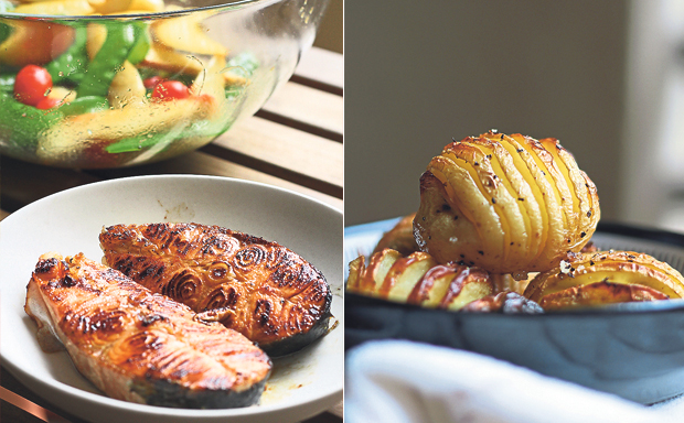 Allow the pan-fried salmon to cool before crumbling it over the salad (left). Crispy and moreish baked potatoes with sea salt (right)