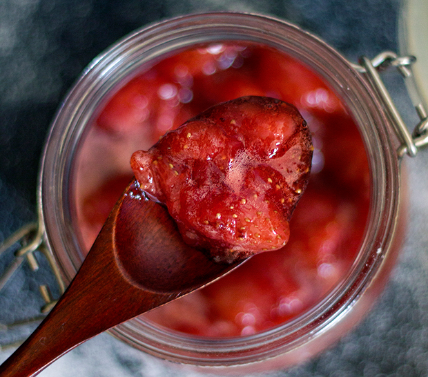 Yuletide strawberry compote spiced with nutmeg and dried orange peel
