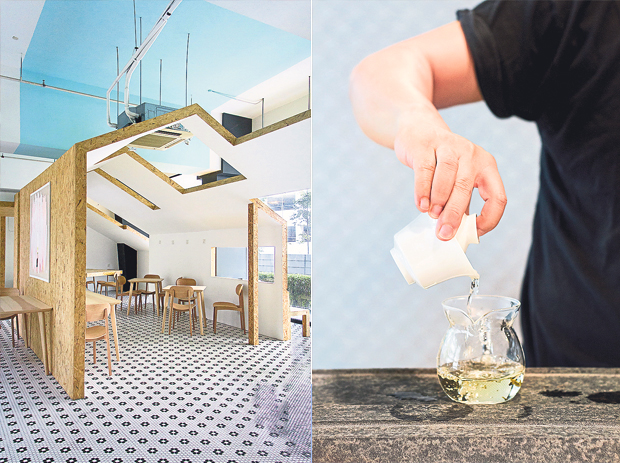 The interior of Someplace Beautifu resembles a minimalist art gallery (left). Mah demonstrates the step-by-step process of brewing tea (right)