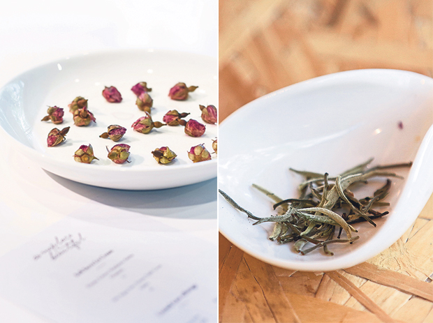 Dried buds of Rose Damascena from the desert of Xinjiang (left). Gu Shu Yin Zhen or Old Tree Silver Needle white tea (right)
