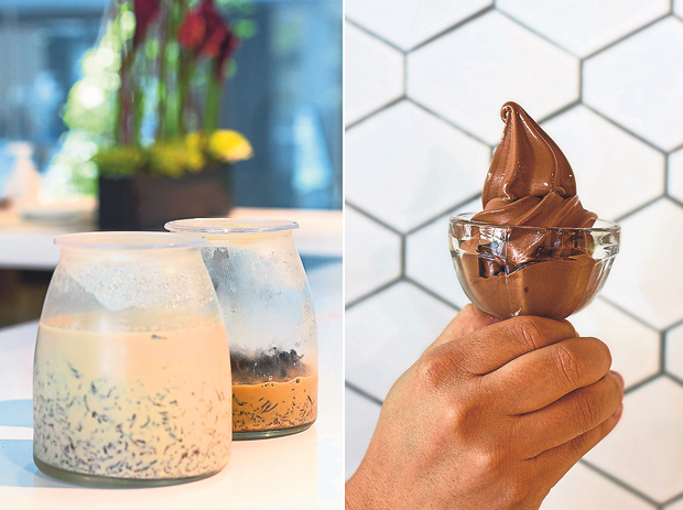 Jars of Mah’s ultra-smooth 24-hour infused rose tea in milk (left). The soft-serve ice cream at Someplace Beautiful is made from single-origin coffee or cacao beans (right)