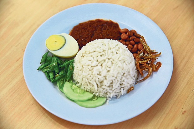 The popular Malaysian staple, nasi lemak is served here