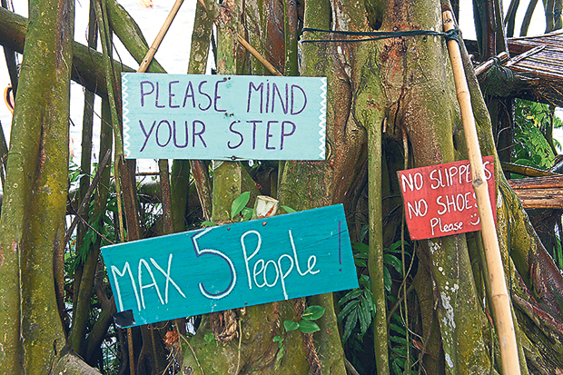 Safety reminders at the steps leading to the Tarzan swing platform