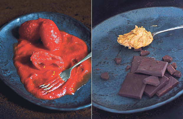 Luscious, juicy plum tomatoes form the basis of this Tex-Mex-Malaysian chilli (left). Dark chocolate and crunchy peanut butter add richness and texture to the chilli (right)