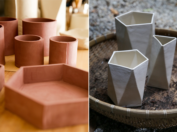 The clay can take on a completely different hue after glazing and firing (left). Hexagonal vases to hold your favourite blooms and brighten up your space (right)