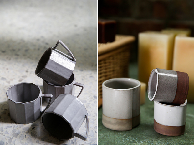 Many of Thirty3Eleven’s pieces have multi-sided angular shapes (left). Some of her designs have two tones, but the overall palette is one of earthy and muted shades that mix and match well (right)
