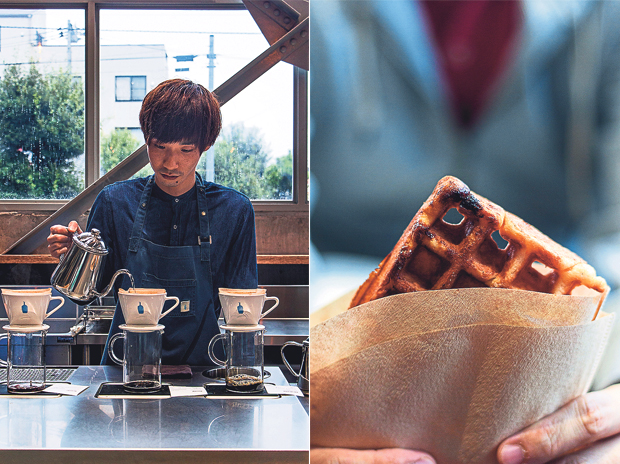 Brewing... and the iconic blue bottle logo! (left) A lightly caramelised waffle at Blue Bottle Coffee Kiyosumi, wrapped in coffee filters (right)