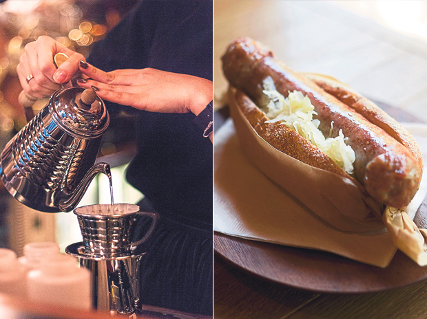 Brewing coffee, the Nordic way (left). Try Paddlers Coffee’s gourmet hot dog in a soft bun (from Yoyogi-based Tarui Bakery) and sauerkraut (right)