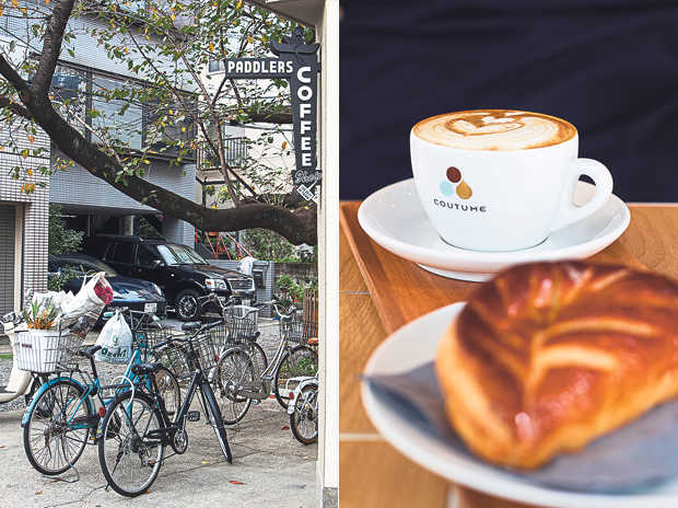 Bicycles line up outside Paddlers Coffee (left). Enjoy a French-style tart aux pommes (apple tart) with your cappuccino (right)