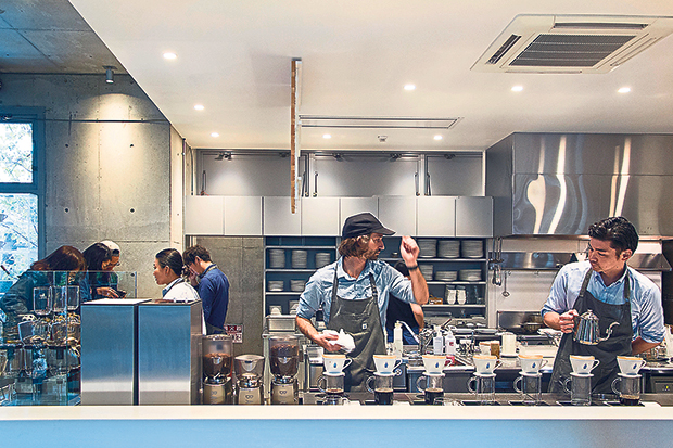 The über-cool coffee bar at Blue Bottle Coffee Aoyama is manned by a mixed crew of Japanese and Californian baristas