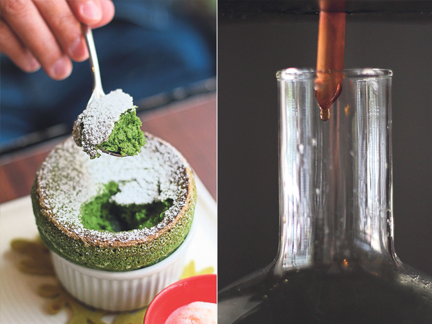 A made-to-order matcha soufflé, a signature dish at Caldo Café (left).  The team at Caldo Café carefully extracts every precious drop of cold-brewed coffee (right) 
