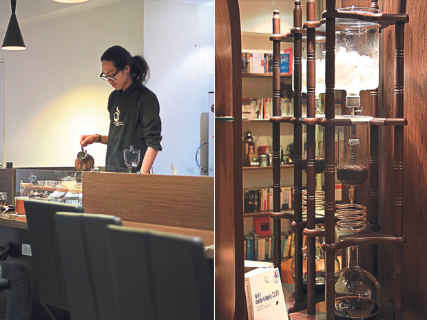 Baristas at Aura Coffee will take their time not only in brewing your coffee but explaining the origins of the beans used and their flavour profiles (left). An ice-drip coffee tower sharing shelf space with a library of books at Aura Coffee (right)